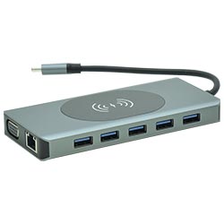 Hub USB Type-C 3.1 14 Portas / 2 HDMI / 5 USB 3.0 / Type-C Fêmea / GLAN / VGA / SD / TF / 3.5MM / Carregador Wireless 15W - Cinza