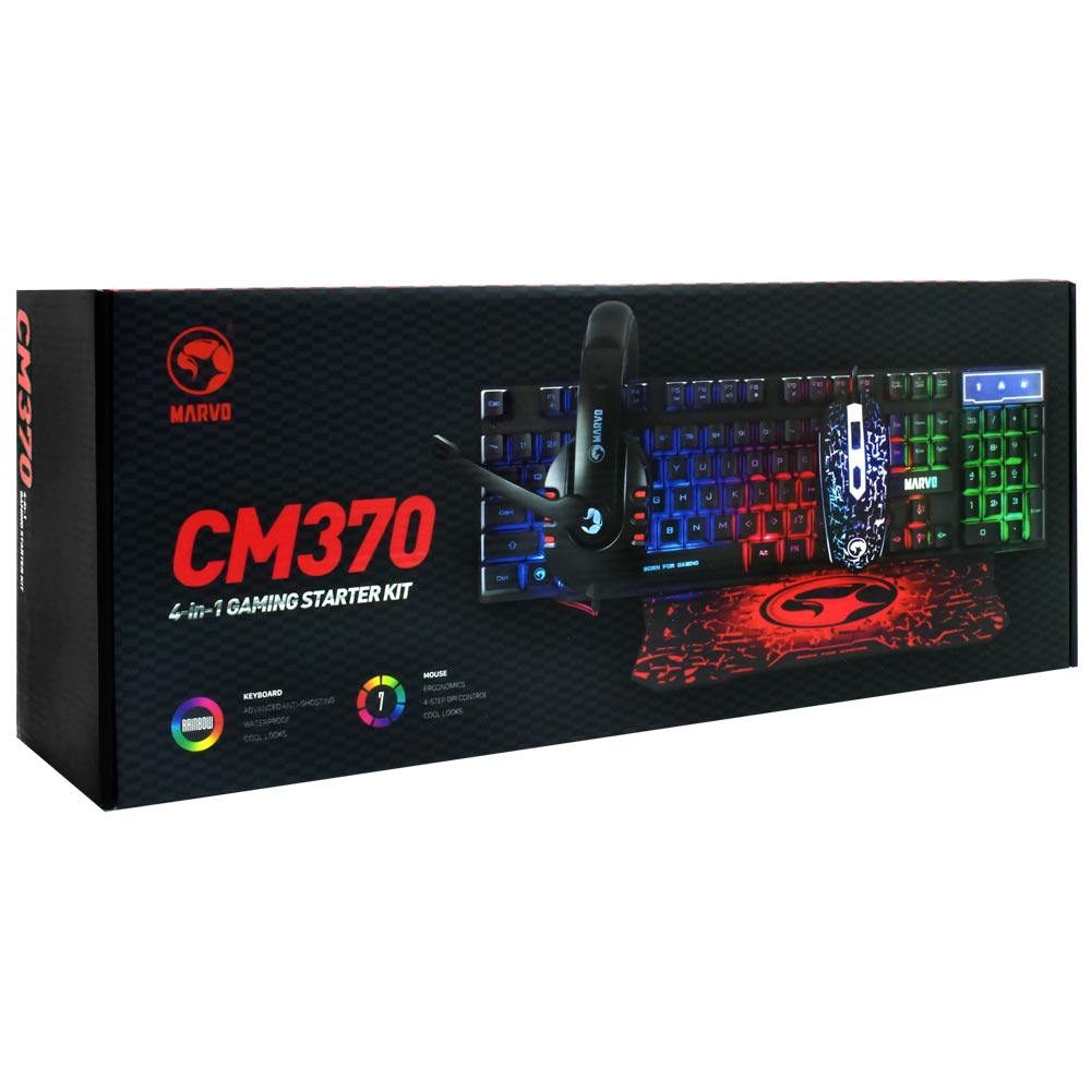 Kit Gamer Marvo CM370 Teclado + Mouse + Mousepad + Fone / RGB / Espanhol - Preto