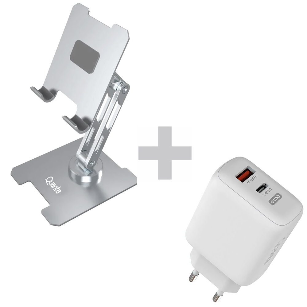 SUPORTE P/ CELULAR E TABLET QUANTA QTSMA20 MESA PRATA + CARREG.TOMADA QTCCR45 