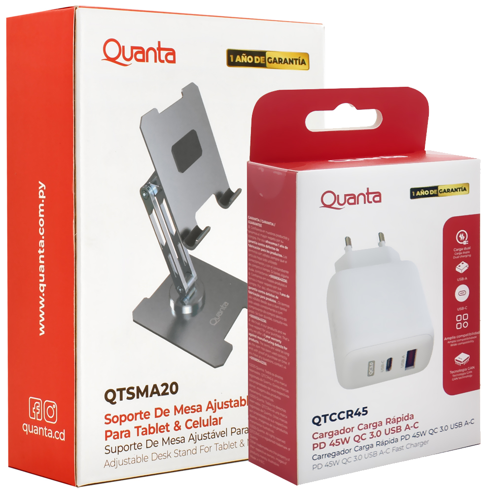 SUPORTE P/ CELULAR E TABLET QUANTA QTSMA20 MESA PRATA + CARREG.TOMADA QTCCR45 