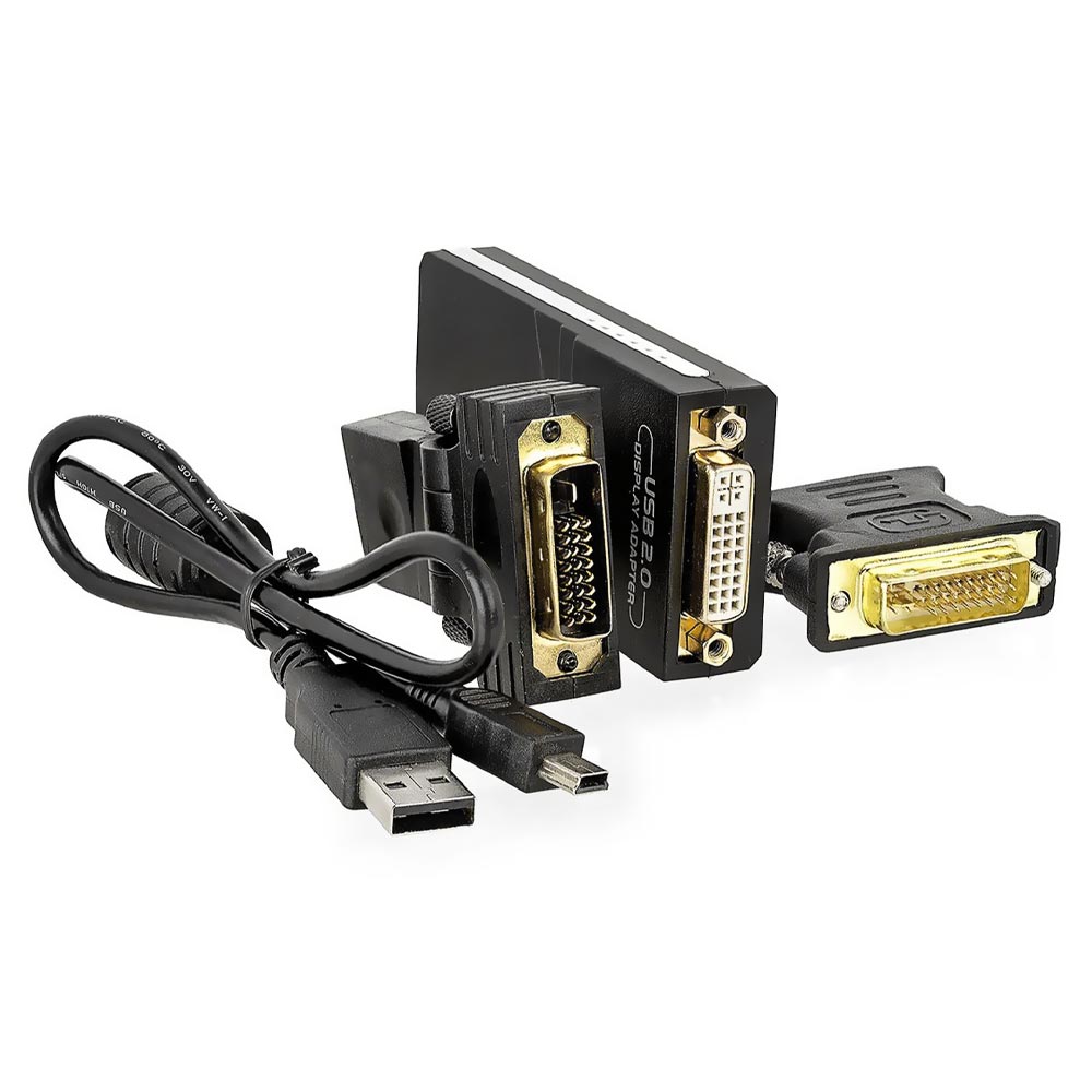 Kit Adaptador Multi-display Mini USB 2.0 para DVI Fêmea / DVI Macho para HDMI Fêmea / DVI Macho para VGA - Preto