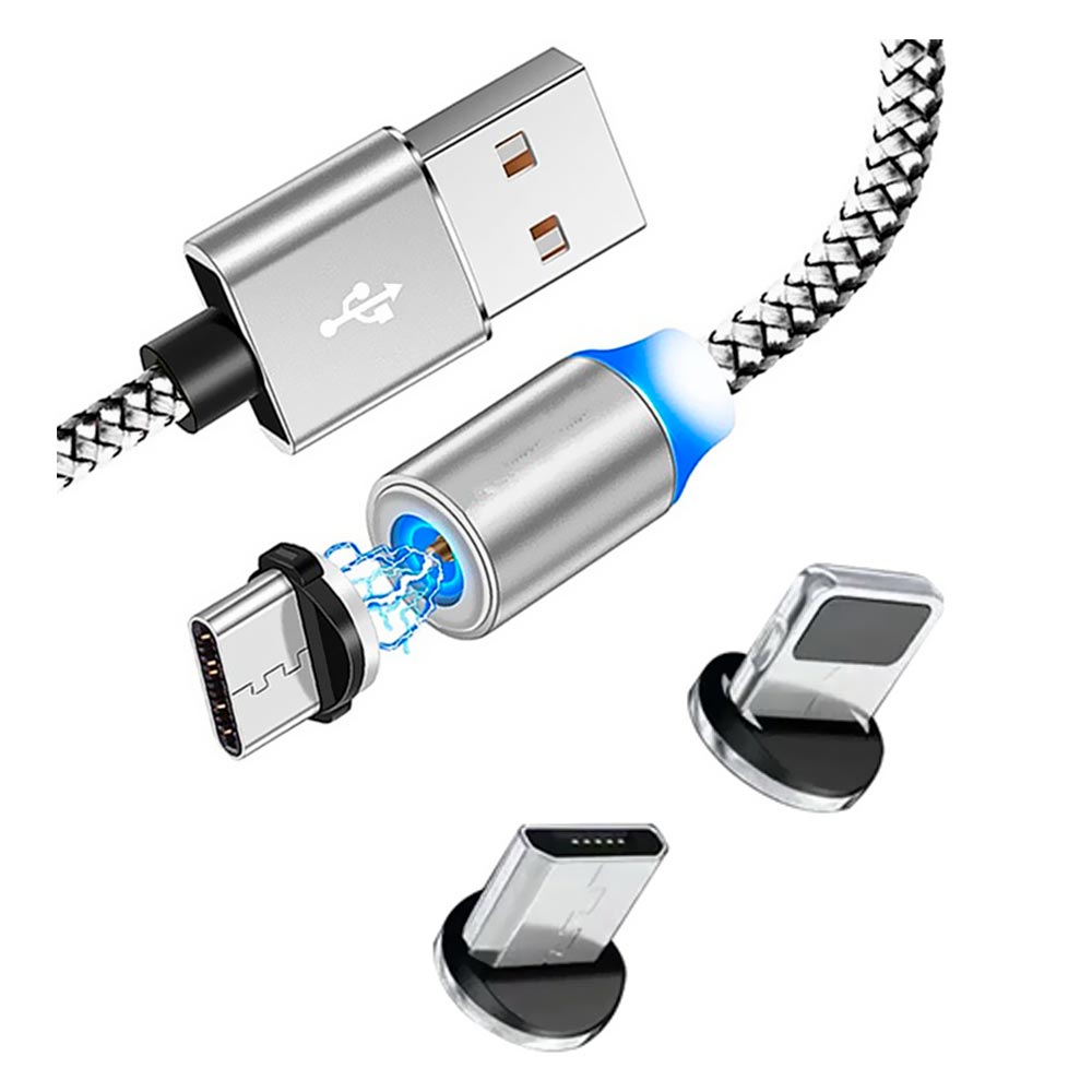 Cabo Magnético Smartzla USB 2.0 a Lightning / Type-C / Micro USB SAT-C005 1M - Prata