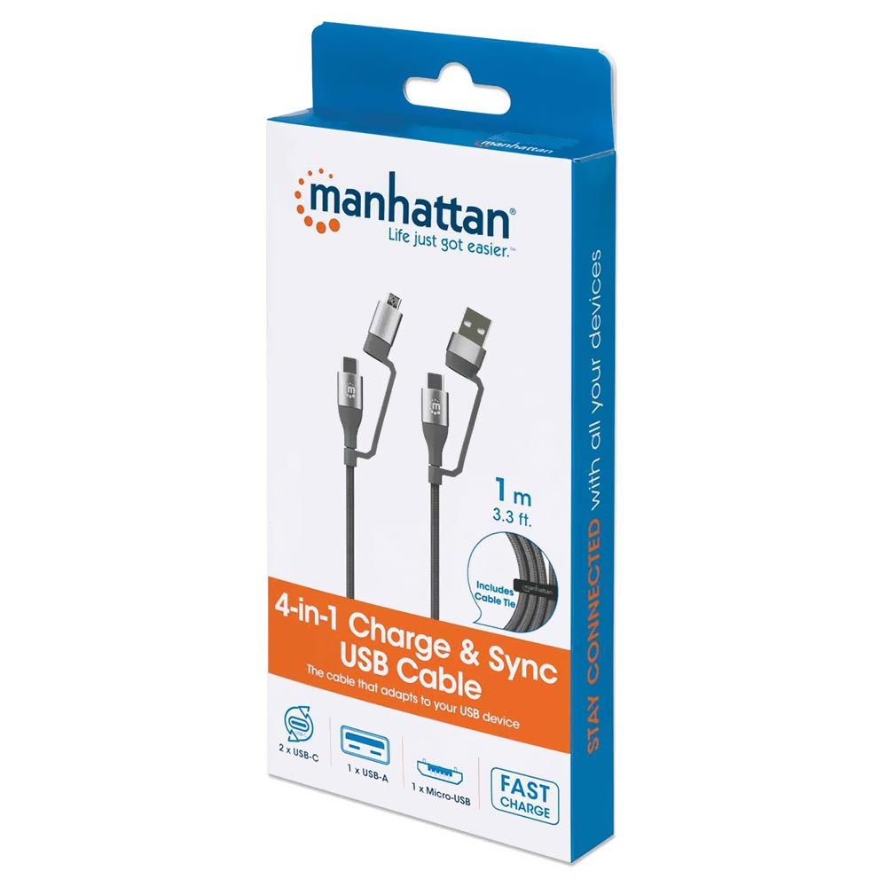 Cabo Manhattan 390606 4 en 1 / 2 Type-C Macho / Micro USB / USB Macho Cinza - 1M
