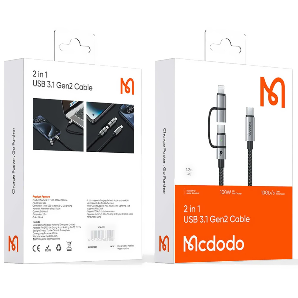 Cabo Mcdodo CA-0450 USB-C Macho para USB-C Macho / Lightning Macho 1.2M - Preto