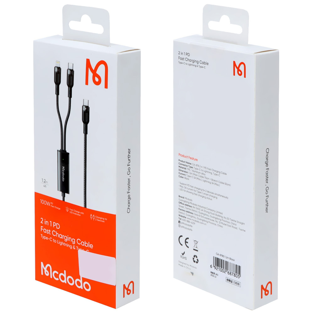 Cabo Mcdodo CA-8780 USB-C Macho para USB-C Macho / Lightning 1.2M - Preto