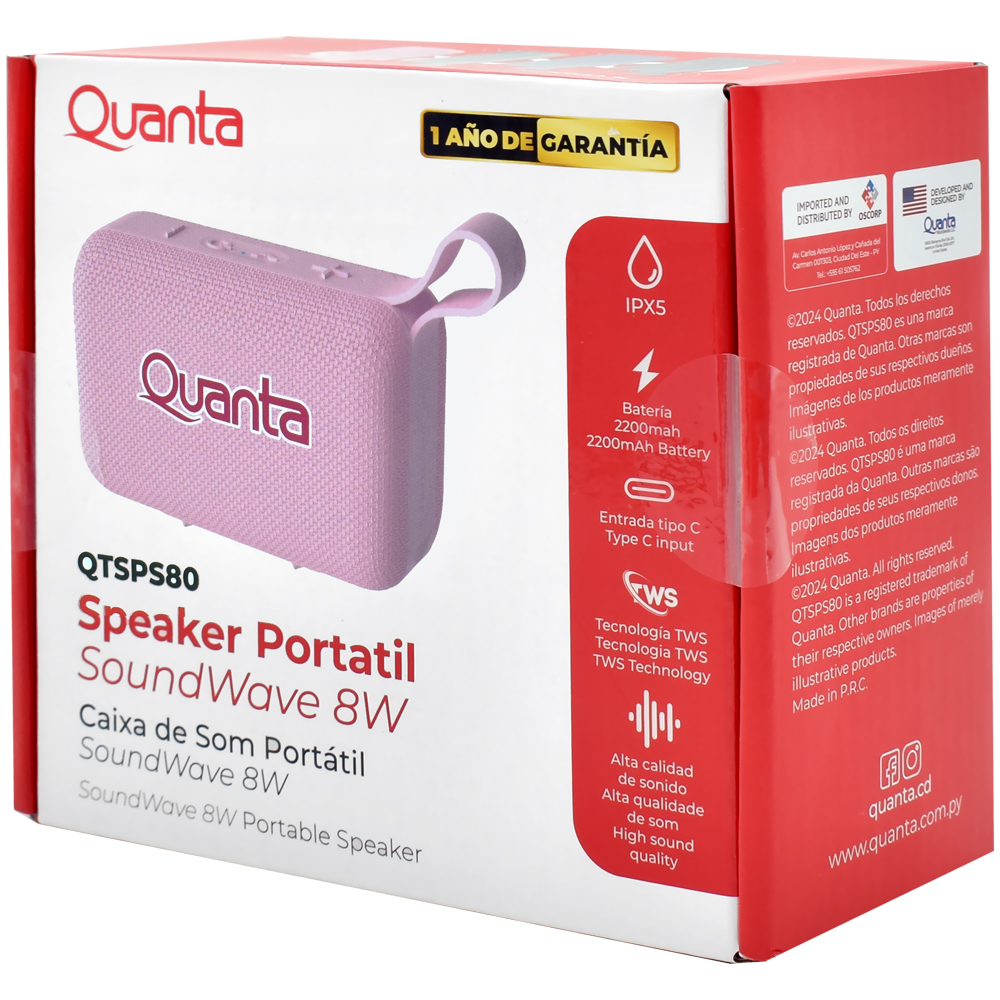 Caixa de Som Quanta QTSPS80 Mini Bluetooth / TWS / Micro SD - Rosa