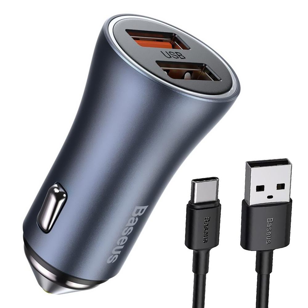 Carregador de Bateria Veicular Baseus TZCCJD-A0G 40W / 2 USB - Azul + Cabo Type-C / USB