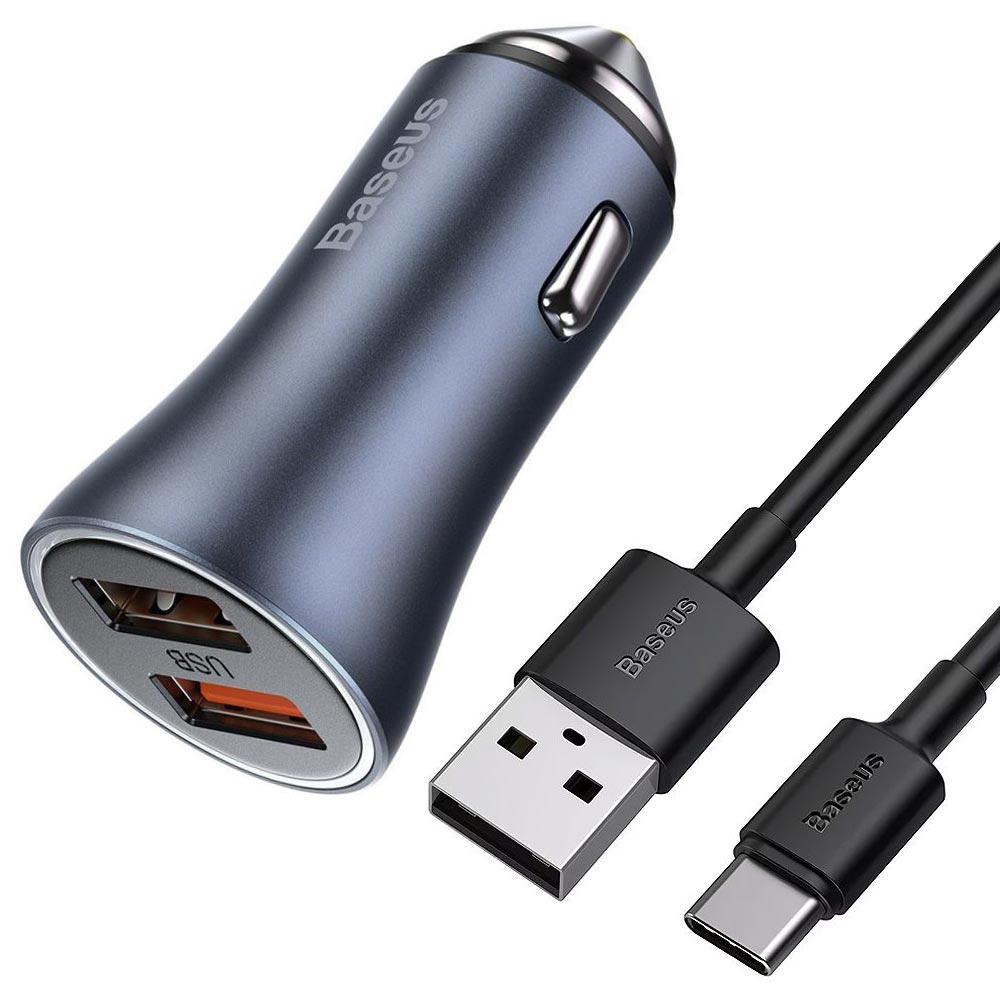 Carregador de Bateria Veicular Baseus TZCCJD-A0G 40W / 2 USB - Azul + Cabo Type-C / USB