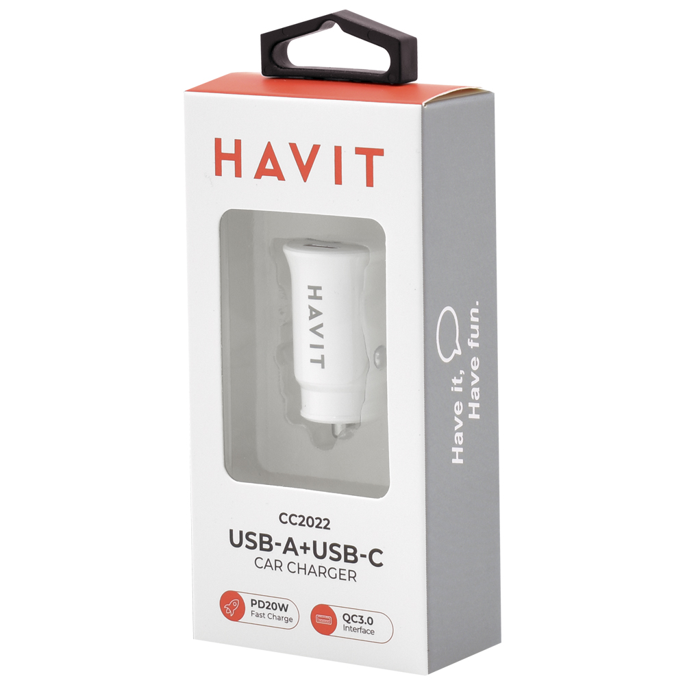 Carregador de Bateria Veicular Havit CC2022 20W / USB / USB-C - Branco
