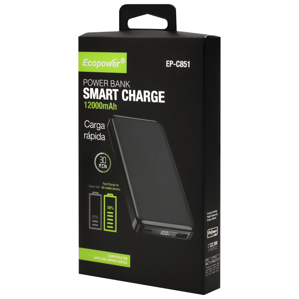 Carregador Portátil EcoPower EP-C851 12000MAH 22.5W USB / USB-C - Preto
