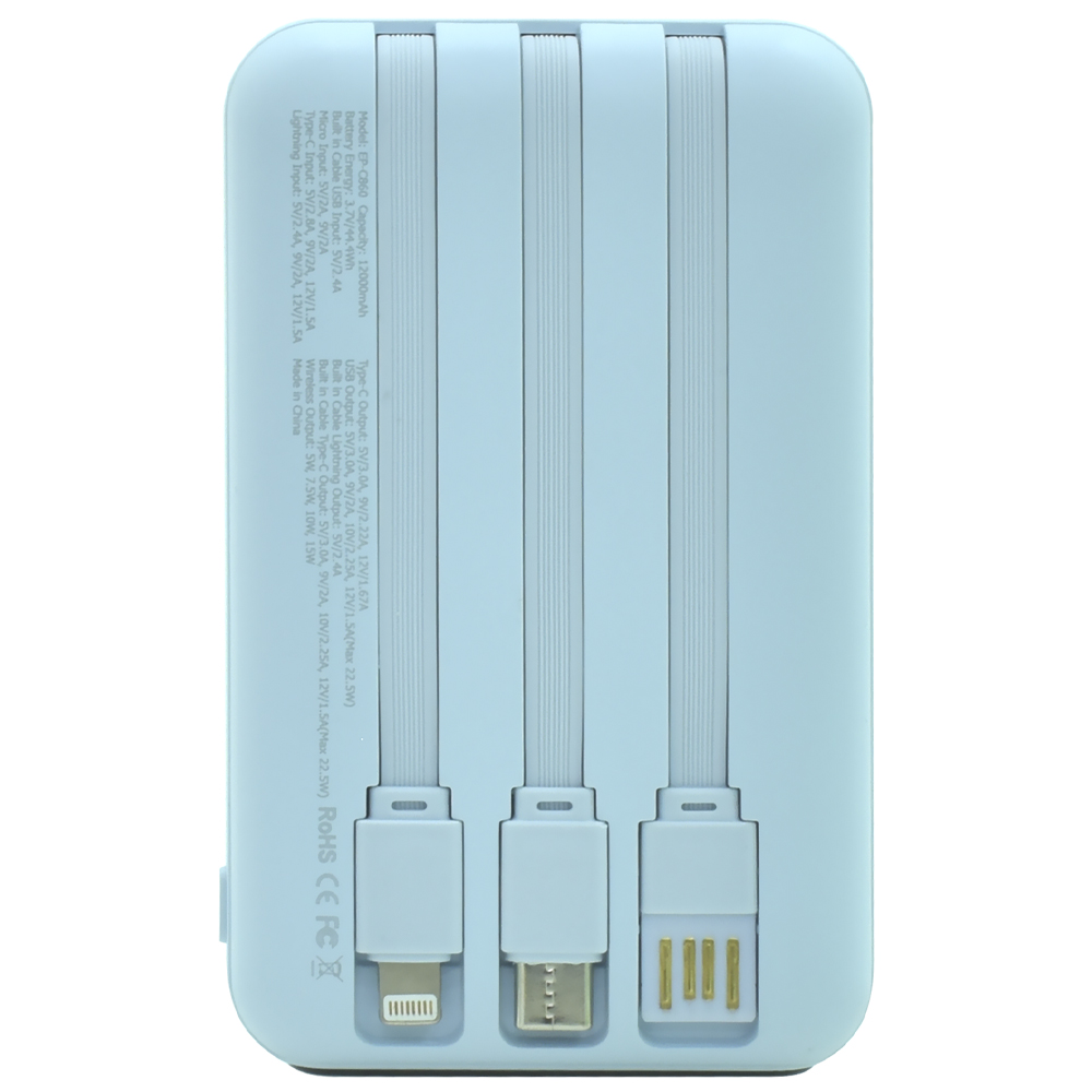 Carregador Portátil Ecopower EP-C860 12000MAH Magnético / USB / Lightning / USB-C - Azul