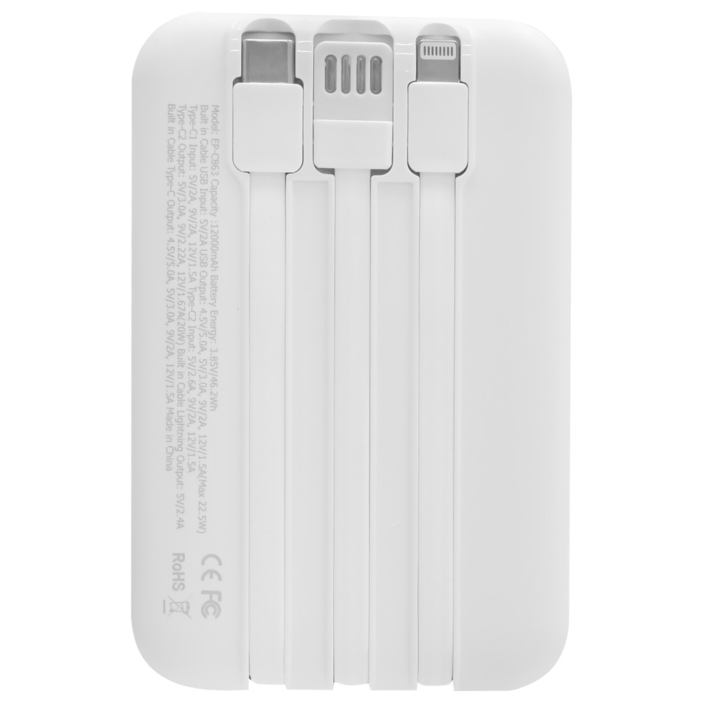 Carregador Portátil Ecopower EP-C863 12000MAH USB / Lightning / USB-C - Branco