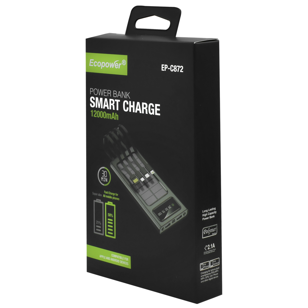 Carregador Portátil Ecopower EP-C872 12000MAH USB / Lightning / Micro USB / USB-C - Preto