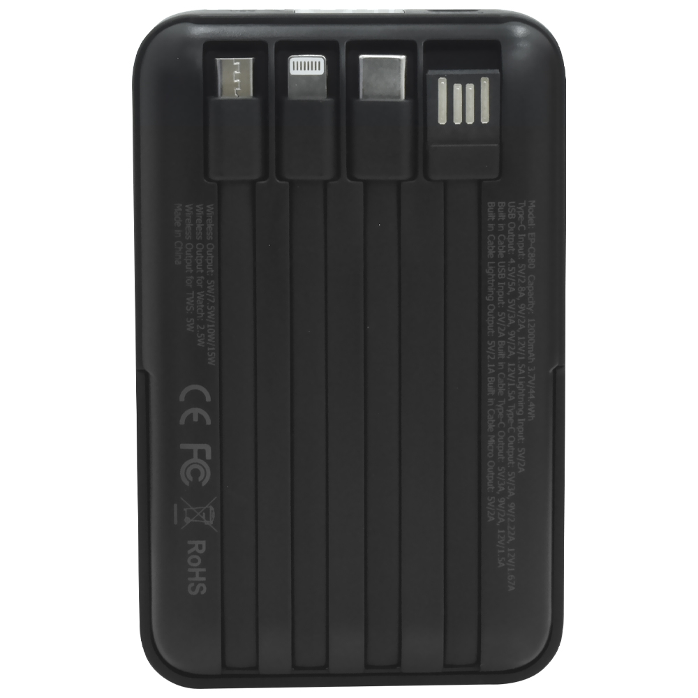 Carregador Portátil Ecopower EP-C880 12000MAH Magnético / USB / USB-C / Ligntning / Micro USB - Preto