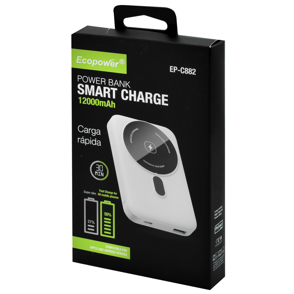 Carregador Portátil Ecopower EP-C882 12000MAH Magnético / USB / USB-C - Branco