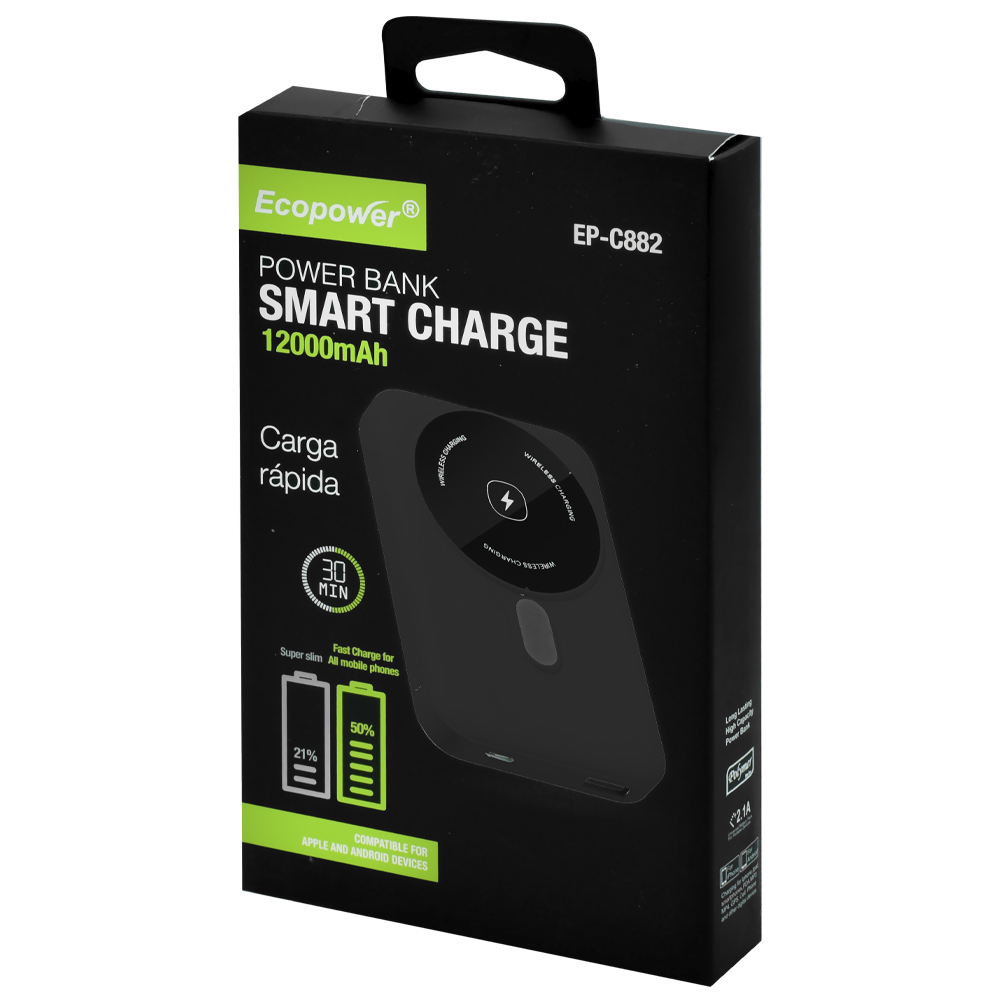 Carregador Portátil Ecopower EP-C882 12000MAH Magnético / USB / USB-C - Preto