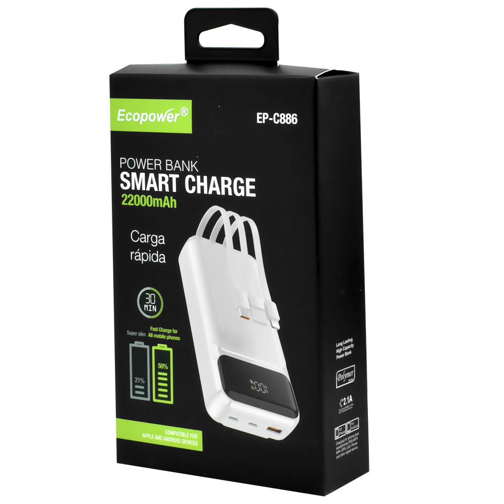 Carregador Portátil Ecopower EP-C886 22000MAH USB / Lightning / USB-C - Branco