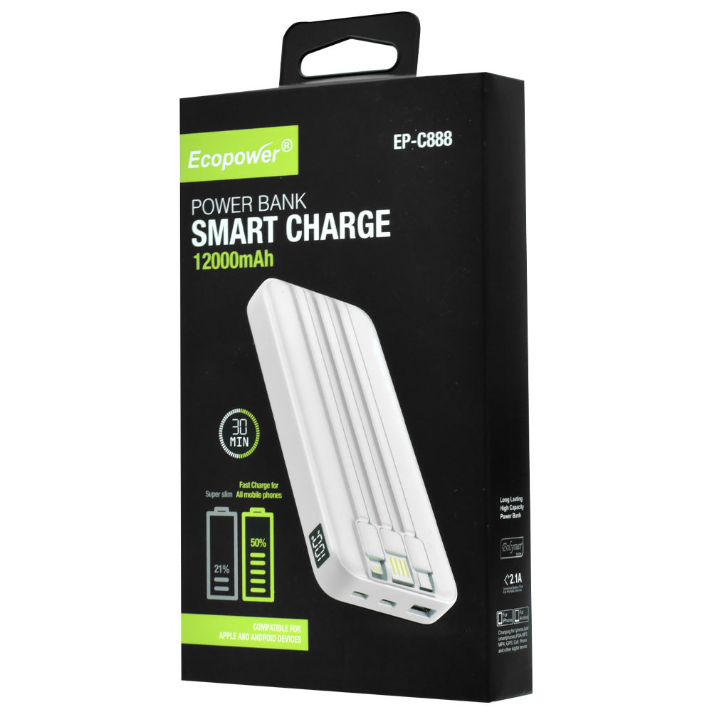 Carregador Portátil Ecopower EP-C888 12000MAH USB / Lightning / USB-C - Branco