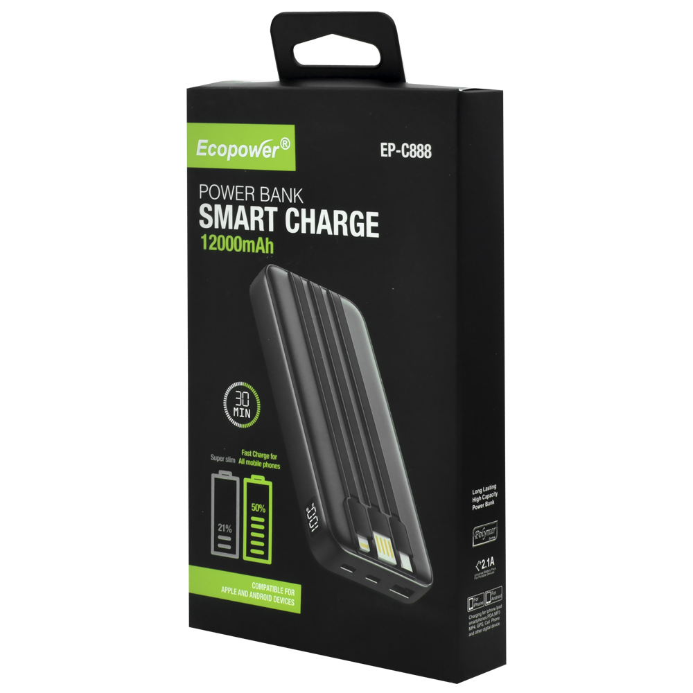 Carregador Portátil Ecopower EP-C888 12000MAH USB / Lightning / USB-C - Preto