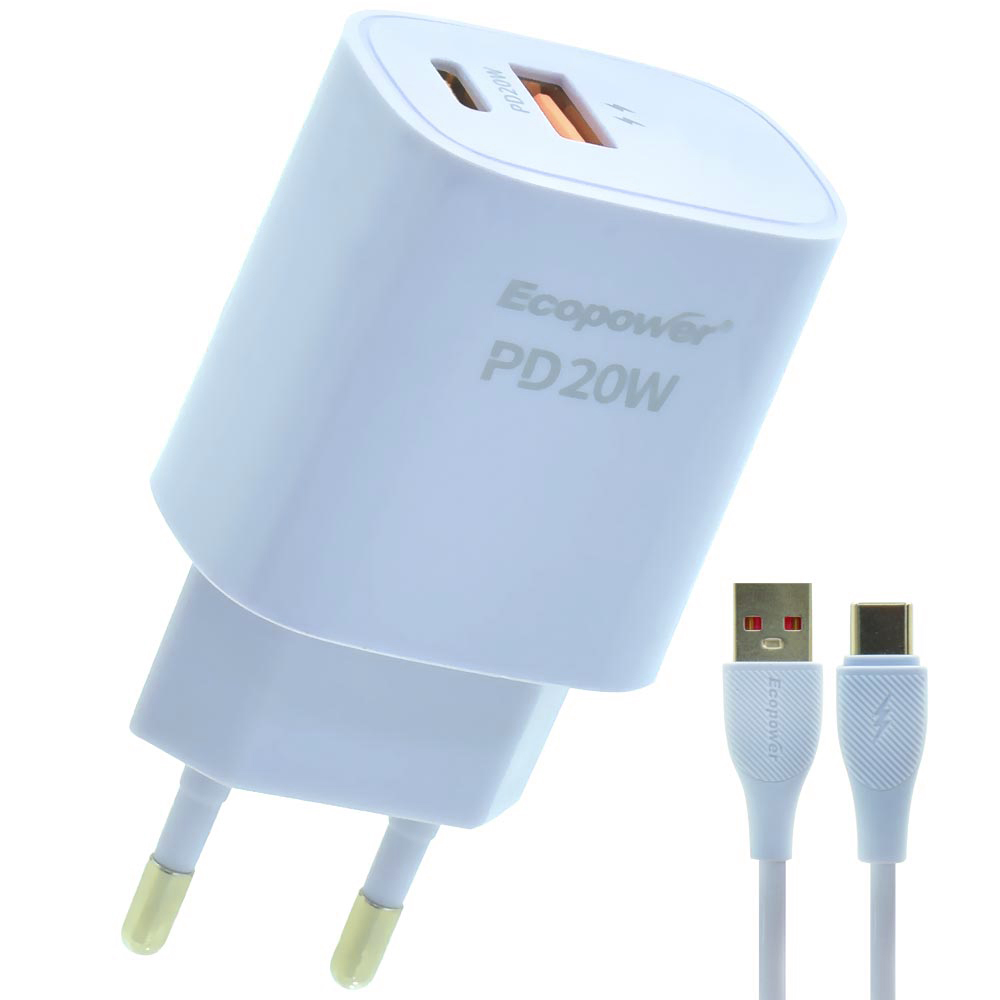 Carregador Tomada Ecopower EP-7022 USB / Type-C + Cabo USB a Type-C - Azul