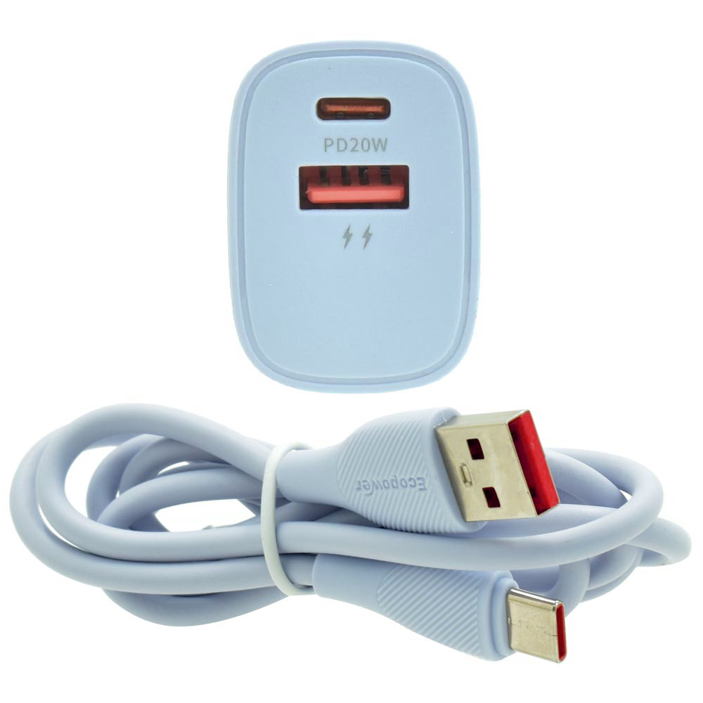Carregador Tomada Ecopower EP-7022 USB / Type-C + Cabo USB a Type-C - Azul