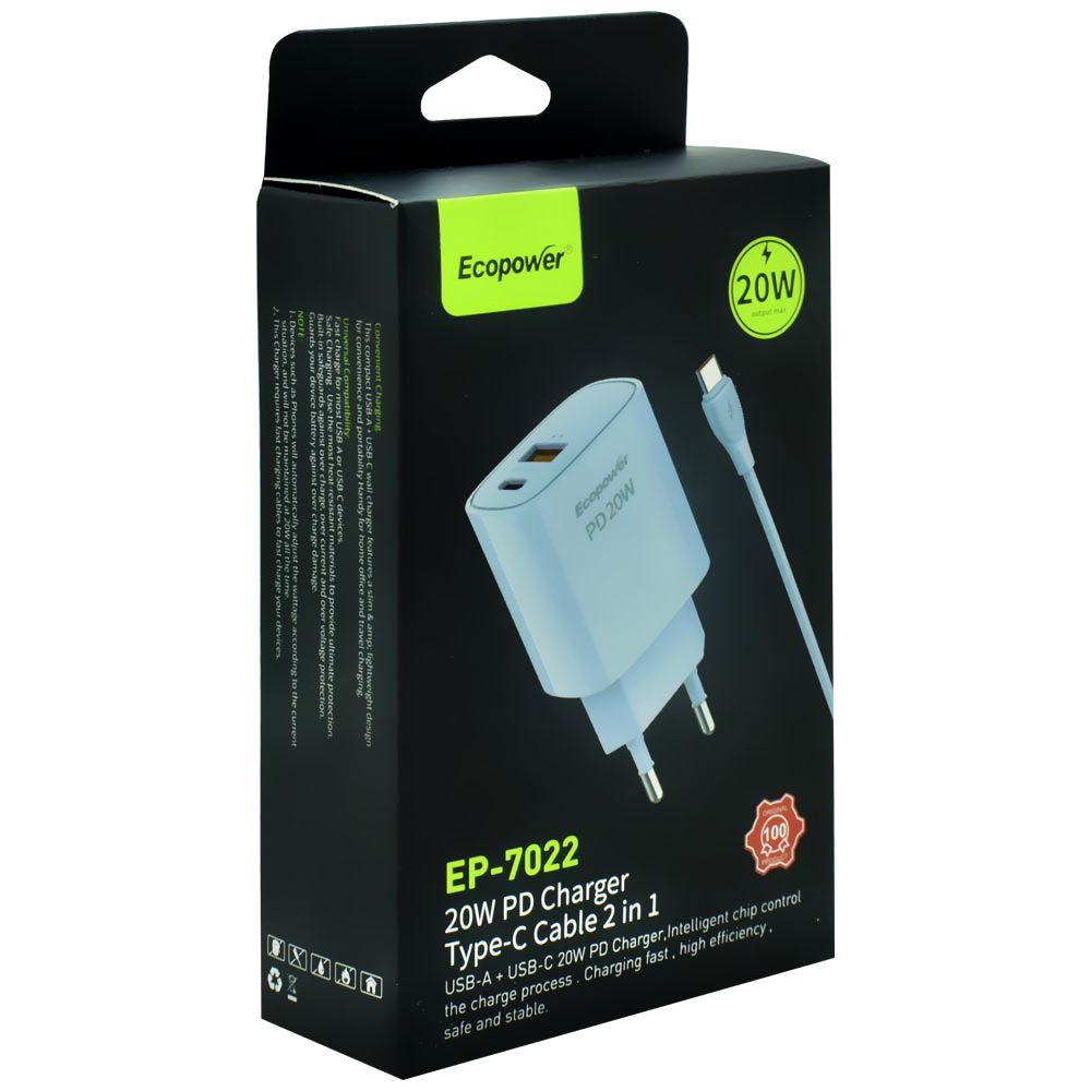 Carregador Tomada Ecopower EP-7022 USB / Type-C + Cabo USB a Type-C - Azul