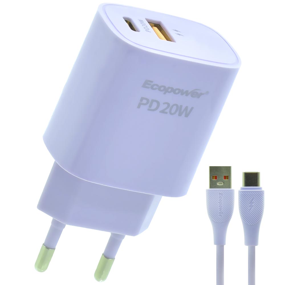 Carregador Tomada Ecopower EP-7022 USB / Type-C + Cabo USB / Type-C - Roxo