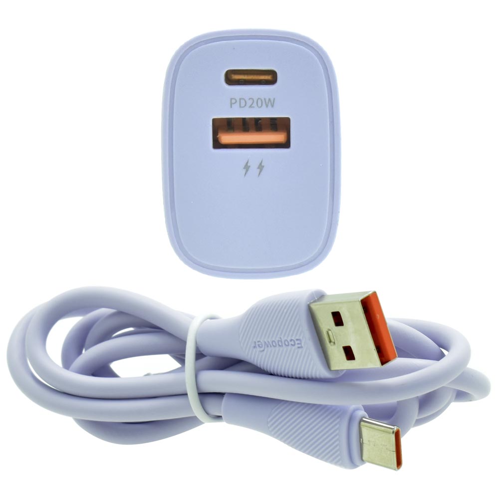 Carregador Tomada Ecopower EP-7022 USB / Type-C + Cabo USB / Type-C - Roxo