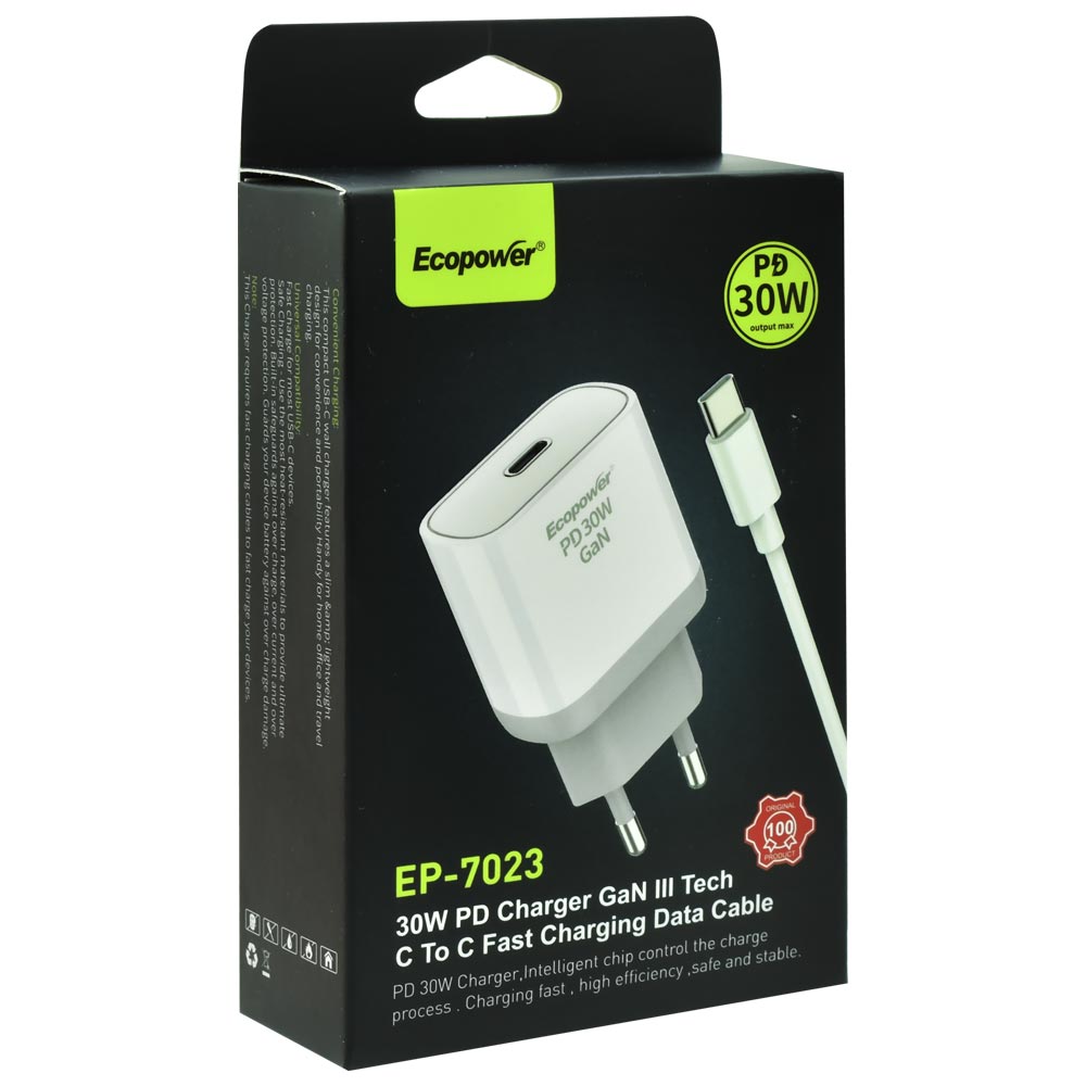 Carregador Tomada Ecopower EP-7023 30W / Type-C - Branco + Cabo Type-C