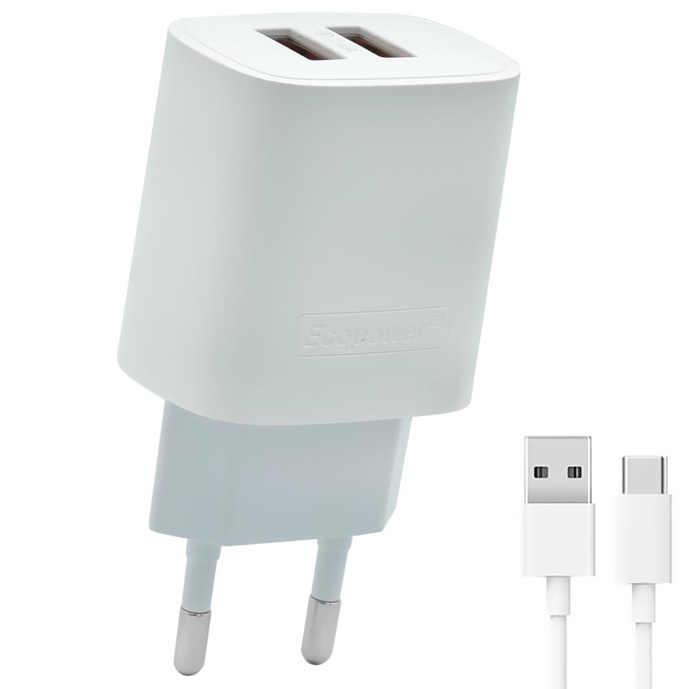 Carregador Tomada Ecopower EP-7027 2 USB 3.0 - Branco + Cabo USB / Type-C