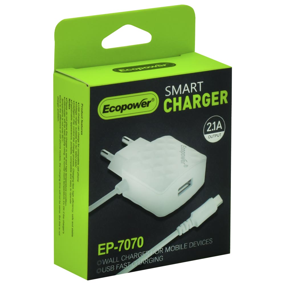 Carregador Tomada Ecopower EP-7070 USB + Cabo Micro USB - Branco