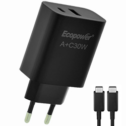 Carregador Tomada Ecopower EP-7091 USB / USB-C / 30W - Preto + Cabo USB-C / USB-C