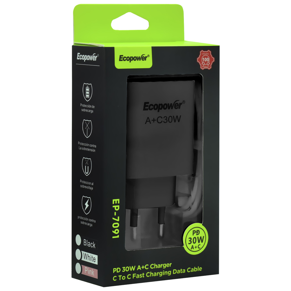 Carregador Tomada Ecopower EP-7091 USB / USB-C / 30W - Preto + Cabo USB-C / USB-C