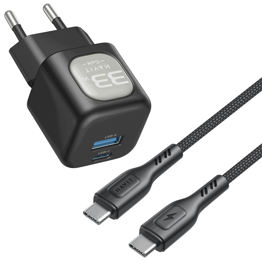 Carregador Tomada Havit UC233 USB / USB-C / 33W - Preto + Cabo USB-C / USB-C