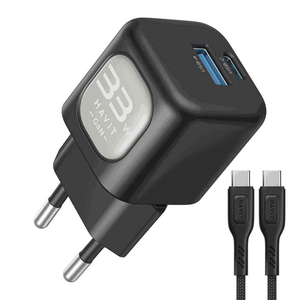 Carregador Tomada Havit UC233 USB / USB-C / 33W - Preto + Cabo USB-C / USB-C