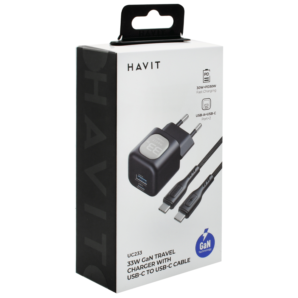 Carregador Tomada Havit UC233 USB / USB-C / 33W - Preto + Cabo USB-C / USB-C