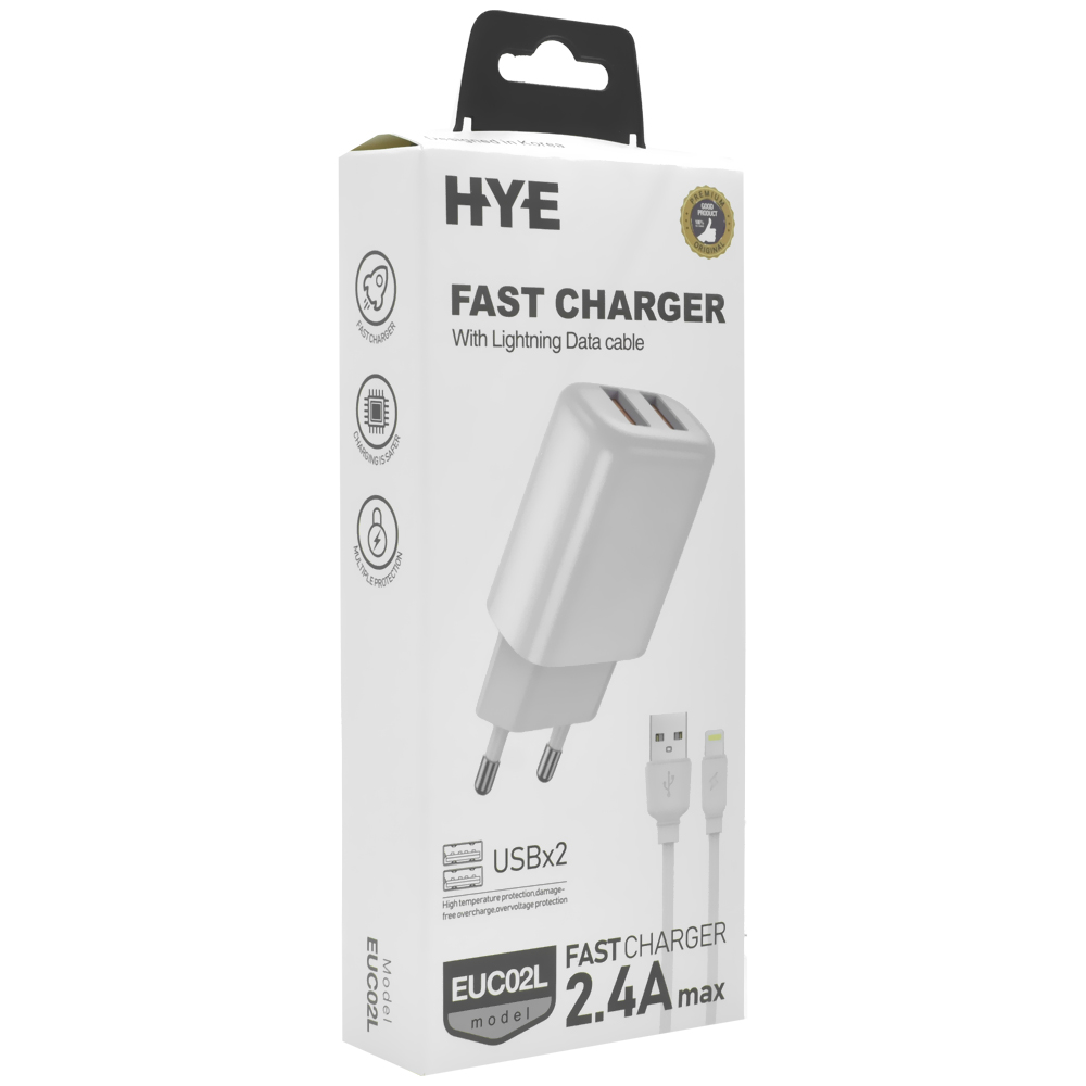 Carregador Tomada HYE EUC02C 2.4A Max / 2 USB - Branco + Cabo USB / USB-C