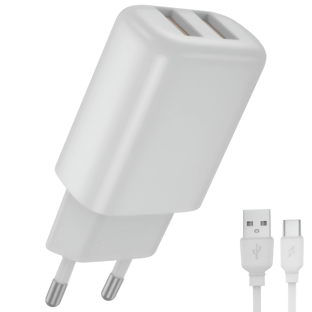 Carregador Tomada HYE EUC02C 2.4A Max / 2 USB - Branco + Cabo USB / USB-C