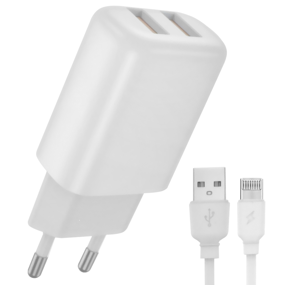 Carregador Tomada HYE EUC02L 2.4A Max / 2 USB - Branco + Cabo USB / Lightning