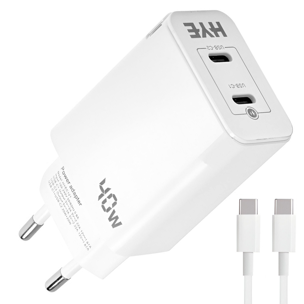 Carregador Tomada HYE HYEC121C 2 USB / 40W - Branco + Cabo USB-C / USB-C