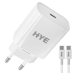 Carregador Tomada HYE HYEC180CC USB-C / 20W - Branco + Cabo USB-C / USB-C