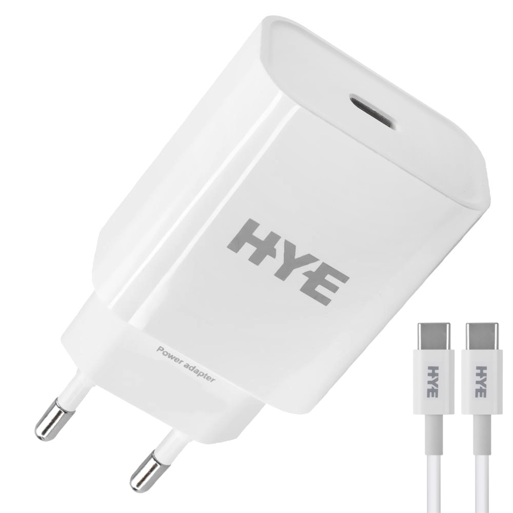 Carregador Tomada HYE HYEC180CC USB-C / 20W - Branco + Cabo USB-C / USB-C