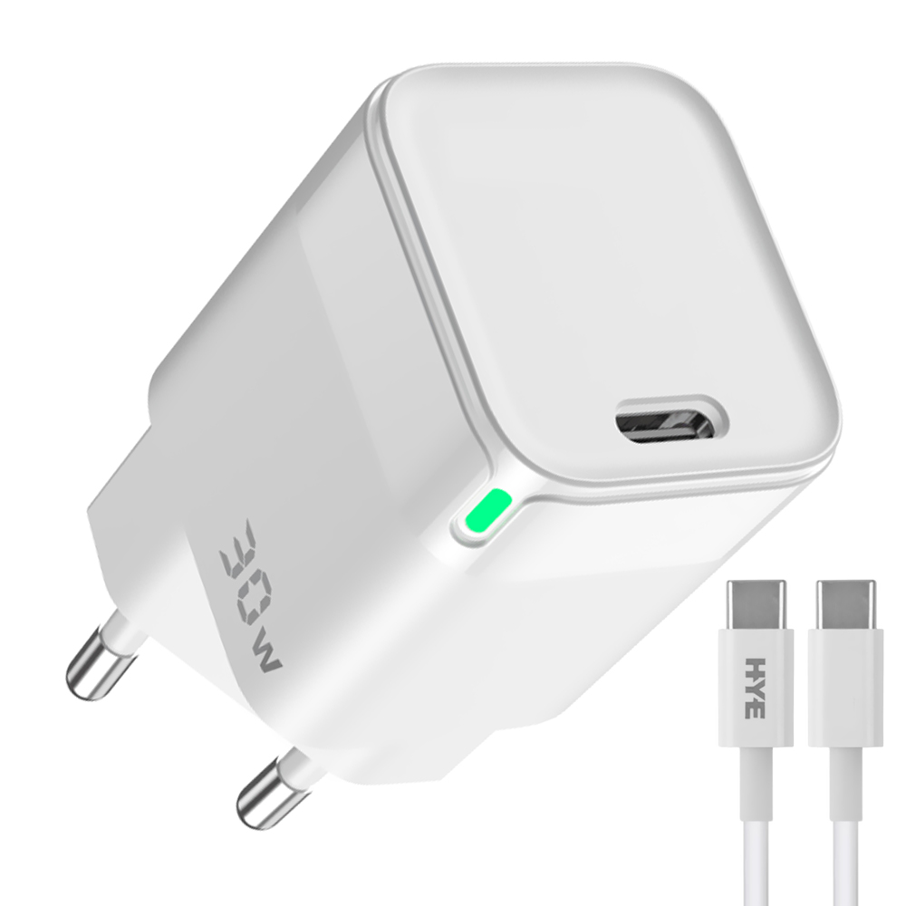 Carregador Tomada HYE HYEC43C USB-C / 30W - Branco + Cabo USB-C / USB-C