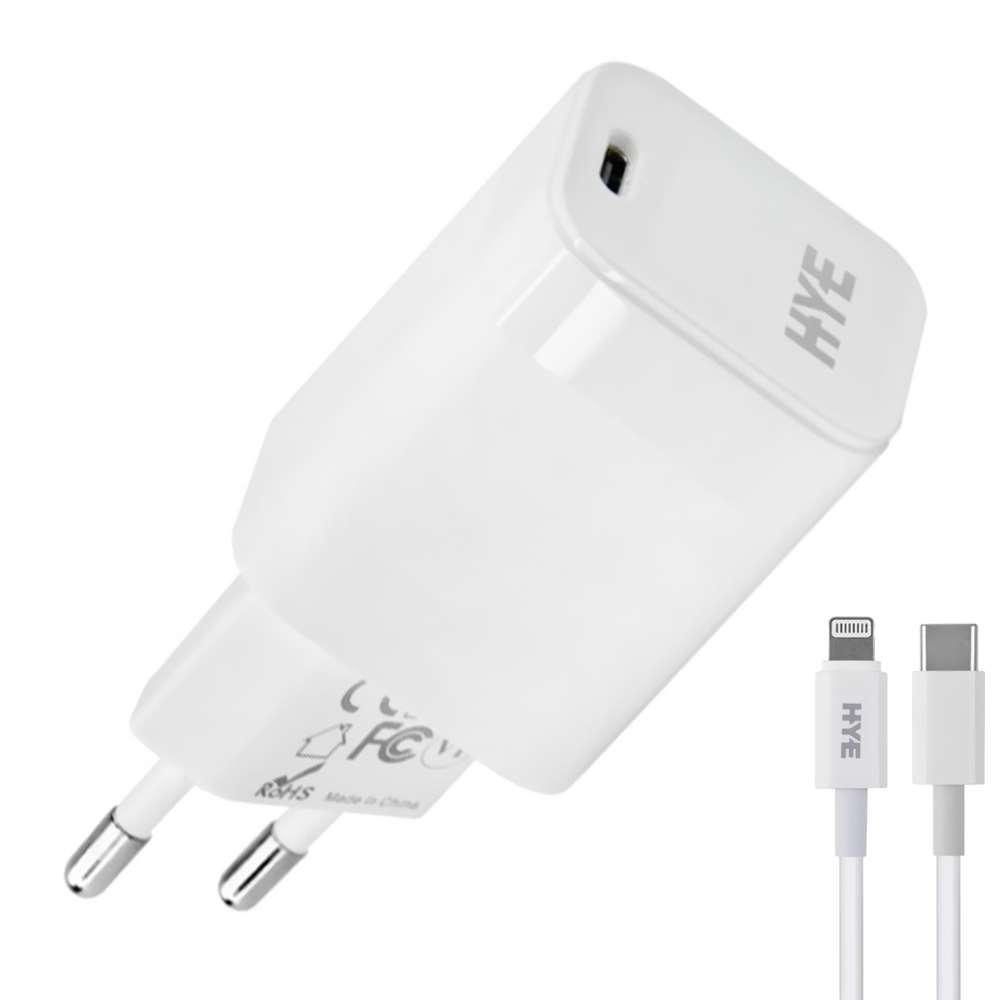 Carregador Tomada HYE HYEC43L USB-C / 30W - Branco + Cabo USB-C / Lightning