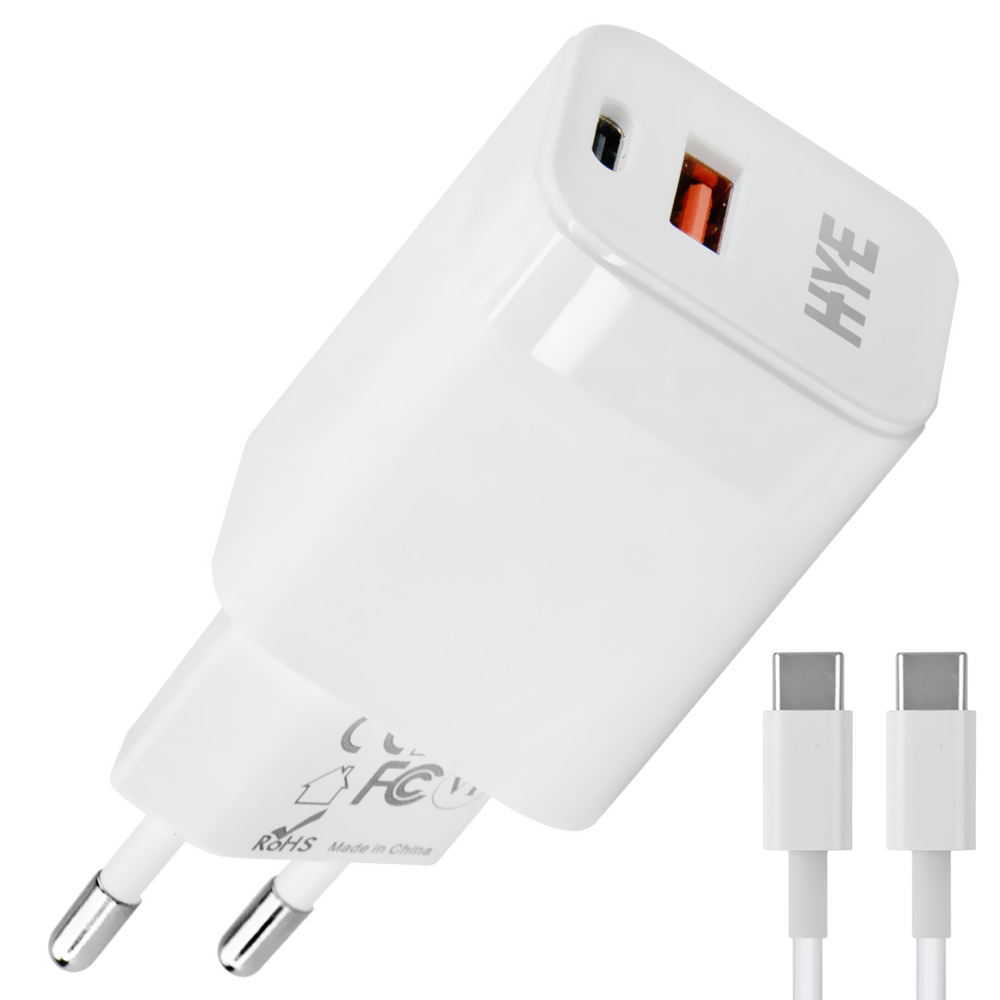 Carregador Tomada HYE HYEC44C USB / USB-C / 30W - Branco + Cabo USB-C / USB-C