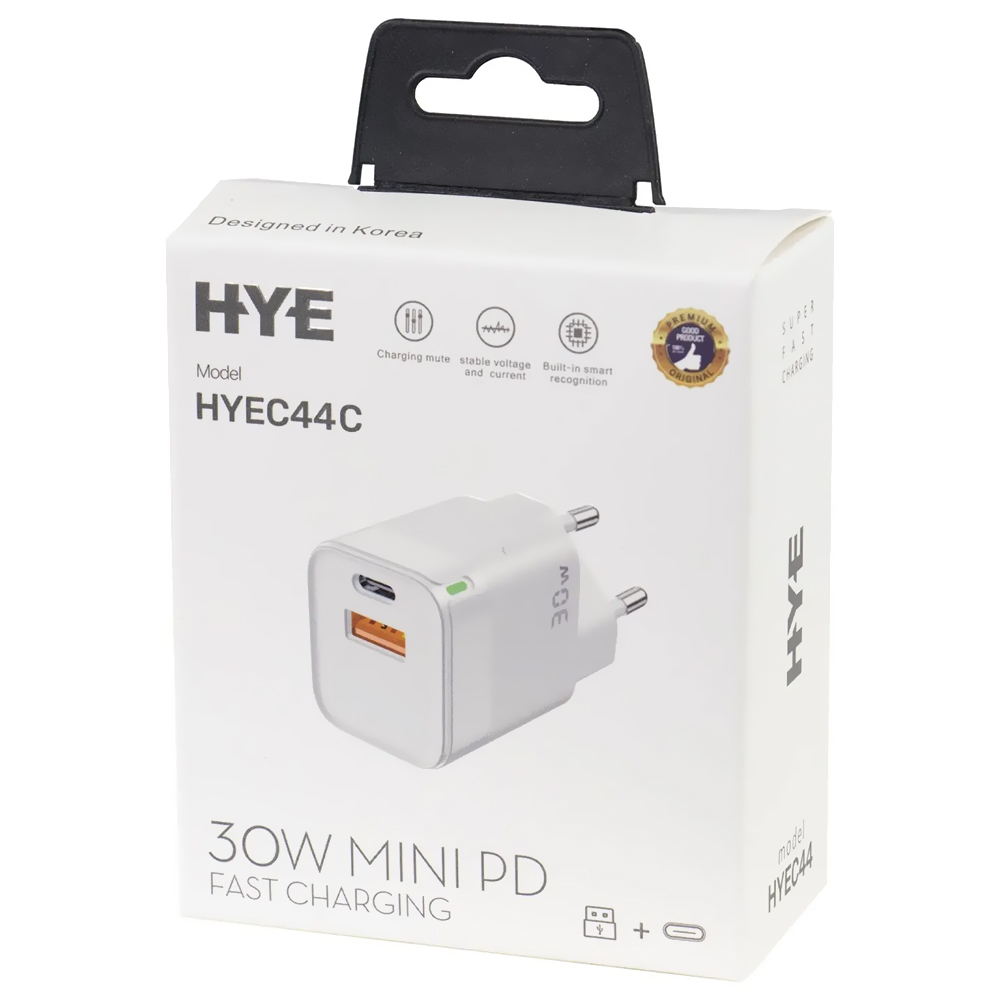 Carregador Tomada HYE HYEC44C USB / USB-C / 30W - Branco + Cabo USB-C / USB-C