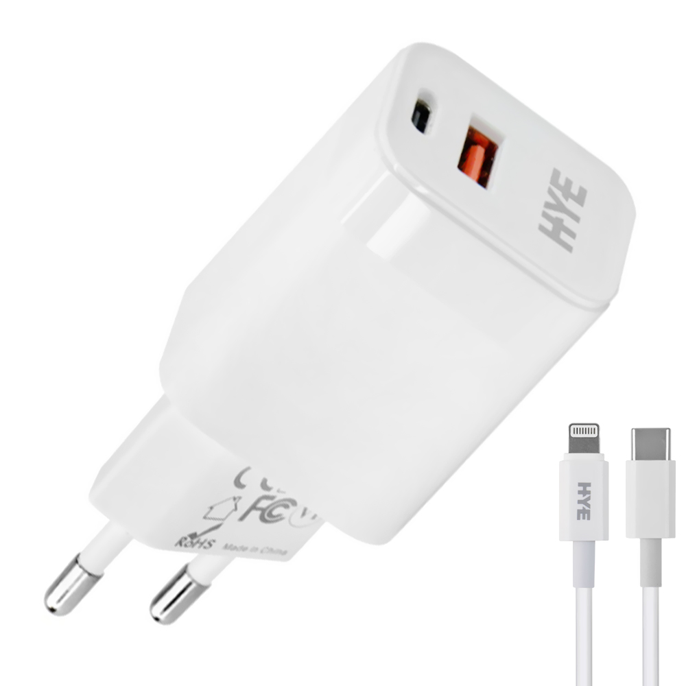 Carregador Tomada HYE HYEC44L USB / USB-C / 30W - Branco + Cabo USB-C / Lightning
