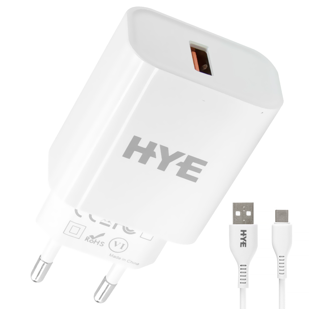 Carregador Tomada HYE HYEC77C USB 3.0 / 22.5W - Branco + Cabo USB / USB-C