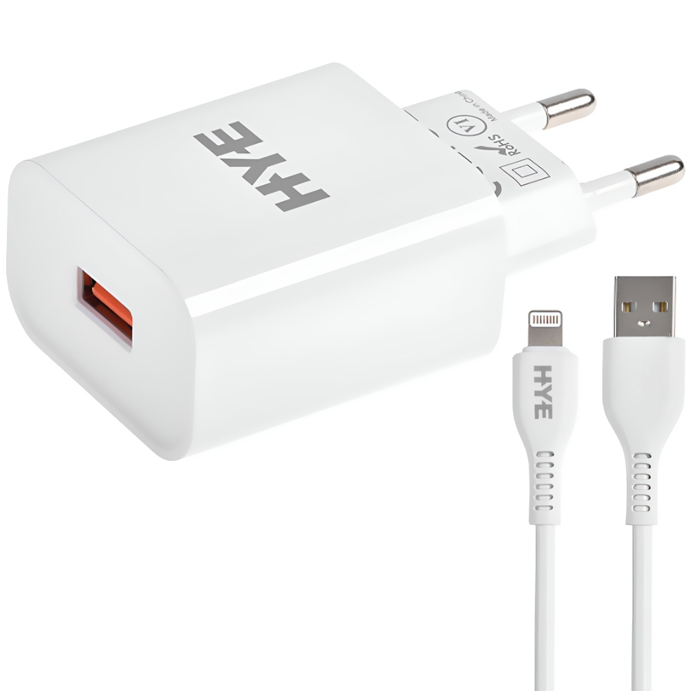 Carregador Tomada HYE HYEC77L USB 3.0 / 22.5W - Branco + Cabo USB / Lightning