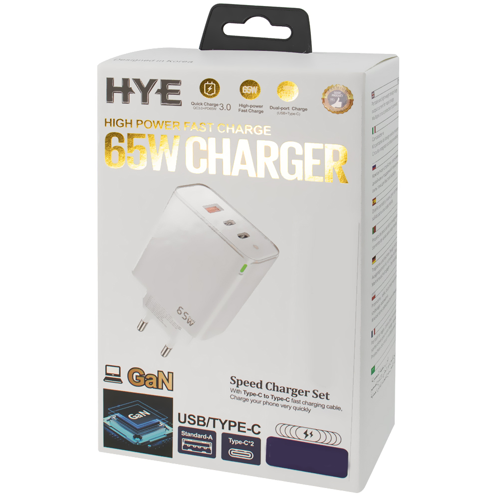 Carregador Tomada HYE HYEC79 USB 3.0 / 2 USB-C / 65W - Branco